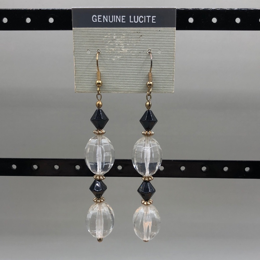 Vintage lucite long dangle drop earrings, dressy, glam up, night out.